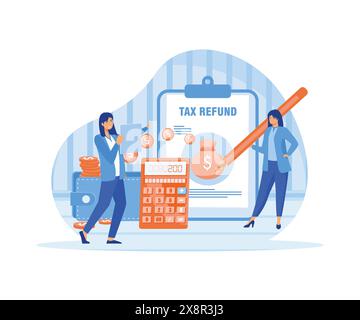 Due donne che fanno il rimborso delle tasse. Concetto di contabilità, pagamento, bolletta finanziaria. Ottimizzazione fiscale, detrazione e rimborso. illustrazione moderna vettoriale piatta Illustrazione Vettoriale