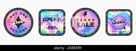 Etichette olografiche di varie forme. Adesivi olografici iridescenti con gradiente al neon. Logo Rainbow sale, mockup con emblemi in metallo iridescenti. Logo ologramma design vettoriale, speciali francobolli sconto. Illustrazione Vettoriale