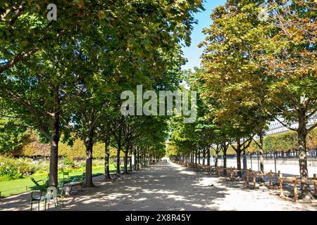 Tranquillo sentiero alberato in un giardino parigino con luce solare. Foto Stock