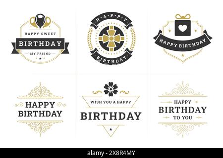 Buon compleanno, etichetta vintage nera e dorata e set di badge per il design di biglietti d'auguri, illustrazione piatta vettoriale. Compleanno anniversario congratulazioni f Illustrazione Vettoriale