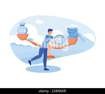 L'uomo d'affari usa monete che si bilanciano con LE TASSE sulle scale. Onere FISCALE. Concetto di business. illustrazione moderna vettoriale piatta Illustrazione Vettoriale