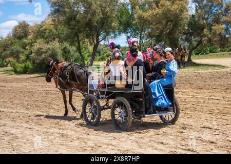 Gruppo di pellegrini che fanno la parte finale del pellegrinaggio di El Rocio sui tradizionali carri trainati da cavalli o buoi lungo i sentieri sabbiosi Foto Stock