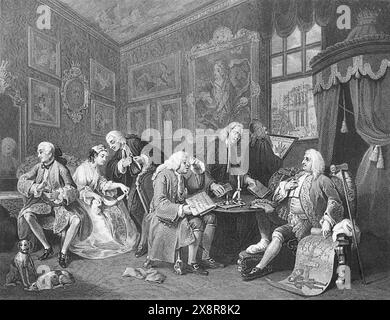 Illustrazione in bianco e nero: "Il contratto". Incisione su William Hogarth (1697 - 1764) dalla sua serie, "Marriage a la Mode" Foto Stock
