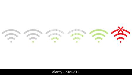 Set di icone del livello del segnale wireless. wifi non disponibile. Diversi livelli di segnale Wi Fi. Illustrazione vettoriale su sfondo bianco Illustrazione Vettoriale