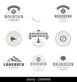 Modelli di loghi da campeggio elementi di design vettoriali e set di silhouette, escursioni in montagna e foreste all'aperto, emblemi e badg vintage Illustrazione Vettoriale