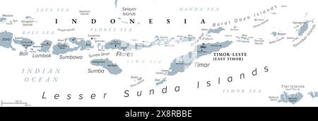 Isole della sonda minori, Indonesia, mappa politica grigia. Isole Nusa Tenggara, arcipelago nel sud-est asiatico. Parte dell'arco vulcanico della Sunda. Foto Stock