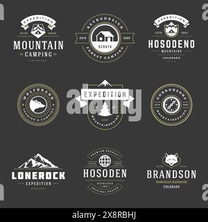 Modelli di loghi da campeggio elementi di design vettoriali e set di silhouette, escursioni in montagna e foreste all'aperto, emblemi e badg vintage Illustrazione Vettoriale