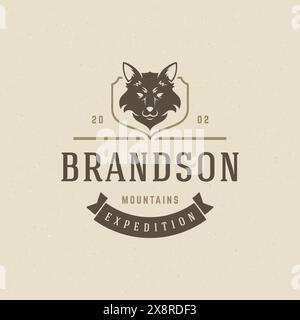 Illustrazione vettoriale del modello di design del logo Fox. Stemma tipografico retrò con silhouette a testa di volpe. Illustrazione Vettoriale