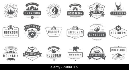 Modelli di logo e badge da campeggio elementi di design vettoriali e silhouette. Avventura all'aperto, montagne e campi forestali emblemi in stile vintage e l Illustrazione Vettoriale