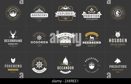 Modelli di logo e badge da campeggio elementi di design vettoriali e silhouette. Avventura all'aperto, montagne e campi forestali emblemi in stile vintage e l Illustrazione Vettoriale
