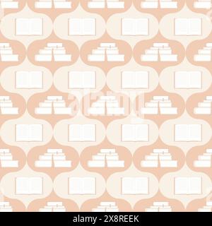 Motivo senza cuciture con libri stilizzati aperti e sovrapposti su un beige color pastello che simboleggia temi educativi e letterari. Apprendimento retrò senza fine Illustrazione Vettoriale
