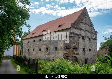 Ex roccaforte di Kadov, Cechia. Costruito nel XVI secolo, in seguito adattato al granaio, per lo più architettura rinascimentale. Vista di un lato con un oriel. Foto Stock