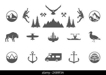 Gli elementi di design e le icone delle avventure all'aperto e del campeggio creano un'illustrazione vettoriale. Montagne, animali selvatici e altro. Ottimo per magliette, tazze, saluti Illustrazione Vettoriale