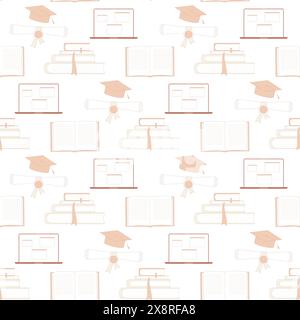 Modello senza soluzione di continuità per l'istruzione. Cappelli graduati, laptop, libri con sfondo infinito. Ripetere la copertina del diploma di apprendimento. Master o Bachelor. Ha. Vettoriale Illustrazione Vettoriale