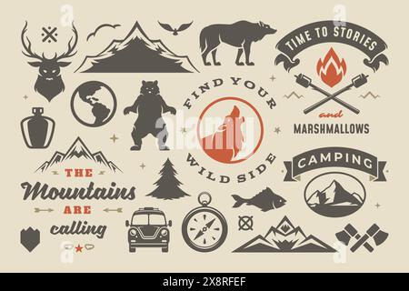 Set di elementi di design per campeggio e avventura all'aperto, citazioni e icone illustrazioni vettoriali. Montagne, animali selvatici e altro. Buono per t-shirt, tazze, g Illustrazione Vettoriale