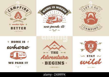 Citazioni e detti di avventura all'aperto e campeggio tipografia, illustrazioni vettoriali. Ideale per t-shirt, tazze, biglietti d'auguri, foto sovrapposte e poste Illustrazione Vettoriale