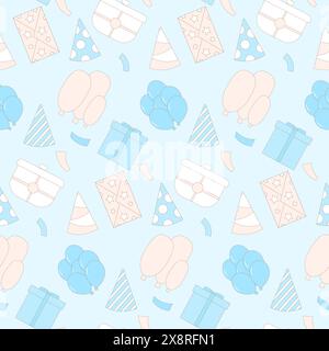 Festeggia con un motivo senza cuciture con cappelli colorati per feste, palloncini e scatole regalo. Sfondo ripetizione pastello compleanno. L'umore festivo dell'anniversario finisce Illustrazione Vettoriale