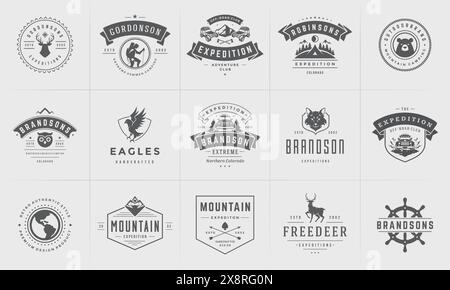Modelli di logo e badge da campeggio elementi di design vettoriali e silhouette. Avventura all'aperto, montagne e campi forestali emblemi in stile vintage e l Illustrazione Vettoriale