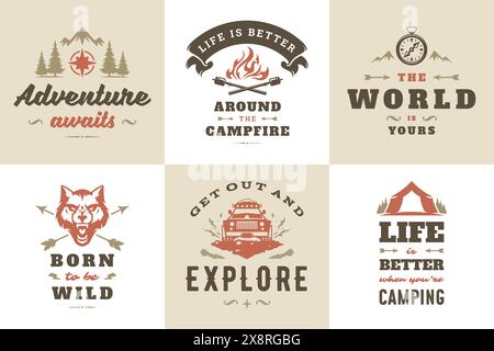 Citazioni e detti di avventura all'aperto e campeggio tipografia, illustrazioni vettoriali. Ideale per t-shirt, tazze, biglietti d'auguri, foto sovrapposte e poste Illustrazione Vettoriale