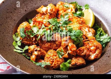 Cavolfiore al forno in salsa di pomodoro con erbe, sfondo bianco, primo piano. Ricetta vegana. Foto Stock