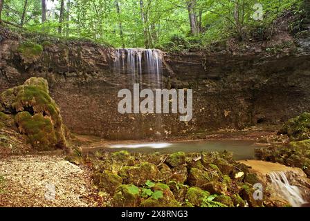 Schelloch, Zwingen, Svizzera, Zwingen BL, Baselland, Baselbiet, Laufental, Brislach, Brislach BL, piscicoltura, laghetto da pesca, cascata Foto Stock
