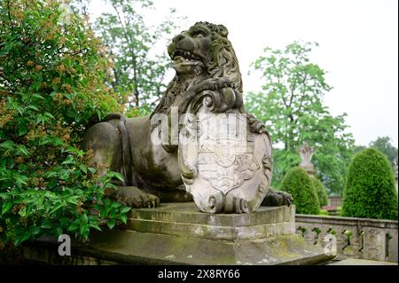 Wappen Hochberg-Fürstenstein, Das Schloss Fürstenstein (auch Burg Fürstenstein; polnisch Zamek Książ; schlesisch Schlooß Ferschtensteen) ist das größt Foto Stock