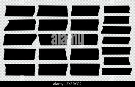 Vettore del set di pezzi di carta strappati. Cornici rettangolari nere con bordi frastagliati. Collage vettoriale nero con sagome di carta strappate isolate sul bianco. Illustrazione Vettoriale