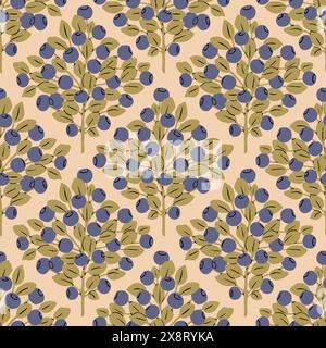 Rami di mirtillo motivo vettoriale senza cuciture. Modello alla moda per bambini con frutti di bosco per tessuto, carta da parati, carta da imballaggio. Illustrazione classica dei diamanti vettoriali Illustrazione Vettoriale