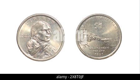 2011 Sacagawea Dollar Coin WAMPANOAG TRATTATO 1621 che porta il suo giovane figlio, Jean Baptiste. Rovesciare il lato con le mani del Supremo Sachem Ousamequin Massasoit Foto Stock