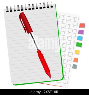 Due notebook con segnalibri colorati e penna rossa su sfondo bianco Illustrazione Vettoriale