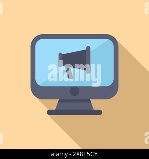 Icona dal design moderno e piatto con un monitor per computer con il simbolo dell'altoparlante, su sfondo beige Illustrazione Vettoriale