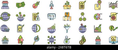 Le icone dei mercati emergenti definiscono il vettore di riferimento. Tabella dei pagamenti. Piattaforma Fintech, linea sottile, colore piatto su bianco Illustrazione Vettoriale
