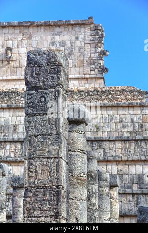 Columns Adorned with Carved Animal Dieties, Group of a Thousand Columns, Chichen Itza, Yucatan, Mexico Stock Photo