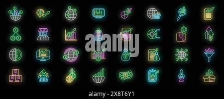 Le icone dei mercati emergenti definiscono il vettore di riferimento. Tabella dei pagamenti. Colore neon della piattaforma Fintech su nero Illustrazione Vettoriale