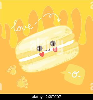 Poster di macaron. Squisito dolce biscotto. Personaggio del cibo dei cartoni animati. Faccia sorridente. Torta felice. Dolce francese carino. Pasticceria Kawaii. Amo la pasticceria. Giallo c Illustrazione Vettoriale