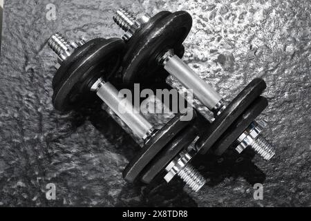 Due campanelli su pavimento con texture scura, vista dall'alto Foto Stock