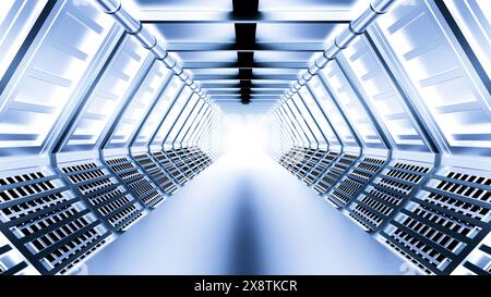 Animazione su astronavi o laboratori scientifici. Design. Corridoio alieno fantascientifico con bagliore metallizzato. Foto Stock