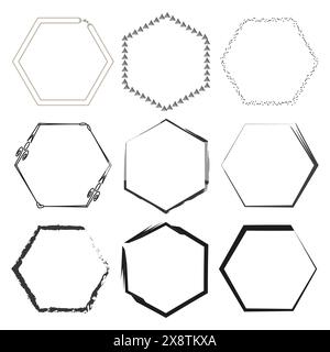Ampia gamma di profili esagonali. Forme geometriche con stili diversi. Set di elementi esagonali astratti. Illustrazione vettoriale. EPS 10. Illustrazione Vettoriale