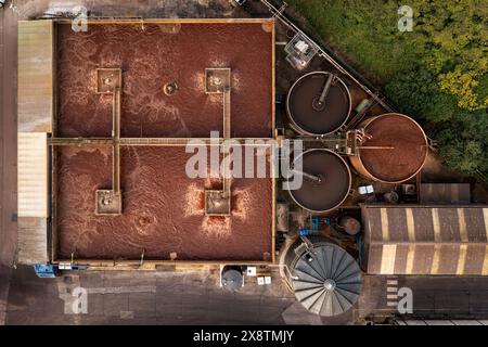 Vista aerea direttamente sopra grandi silos di stoccaggio che contengono grassi, ossa e farine provenienti dai rifiuti dei macelli di animali per l'industria cosmetica Foto Stock
