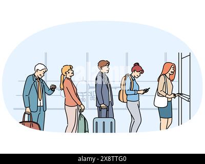 Fila all'aeroporto di persone che decollano in aereo e attraversano il controllo doganale quando attraversano il confine di Stato. Uomini e donne sono all'aeroporto per il check-in del volo, nervosi per le lunghe attese. Illustrazione Vettoriale