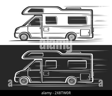 Logo vettoriale per Motorhome, banner orizzontali per automobili con illustrazioni clip art di camper classico monocromatico in movimento, grafica decorativa di r Illustrazione Vettoriale