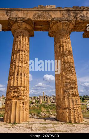 Le colonne doriche del tempio greco ricostruito di era con i templi F e G tra le colonne, Selinunte, Sicilia Foto Stock