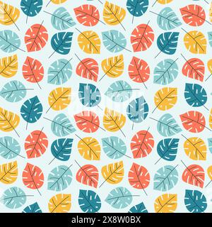 Colorato motivo senza cuciture con foglie di Monstera. Elementi botanici disegnati a mano, foglie tropicali in stile cartoni animati. Colori pastello tranquilli. Progettazione vettoriale attivata Illustrazione Vettoriale