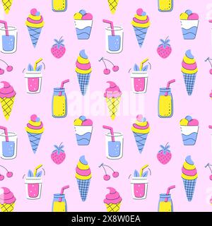 Un motivo colorato senza cuciture con dessert estivi. Bevande, gelati, ciliegie. Cibo dolce disegnato a mano su sfondo rosa. La scena è allegra e divertente Illustrazione Vettoriale