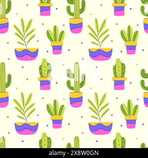 Un colorato motivo senza cuciture con cactus e altre piante astratte in vaso. Piante d'appartamento in vasi di fiori luminosi. Illustrazioni di cartoni animati su un backgrou bianco Illustrazione Vettoriale