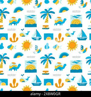 Modello senza cuciture con animali ed elementi della natura. Divertimento Illustrazione Vettoriale