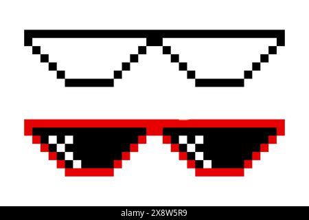 Set di occhiali da sole pixelati. Occhiali Pixel Boss, stile 8 bit. Modello di design per occhiali da sole meme Game a 8 bit, isolato Illustrazione Vettoriale