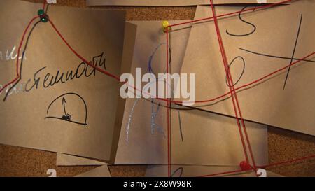 Illuminazione ravvicinata di appunti a bordo. Riproduci filmati. La torcia illumina le note segrete a bordo con dei fili. Le filettature rosse si intersecano sulla scheda con Foto Stock