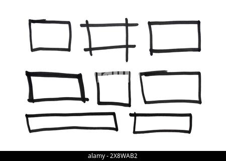 Set di forme quadrate e rettangolari disegnate con pennarello nero su sfondo bianco isolato Foto Stock