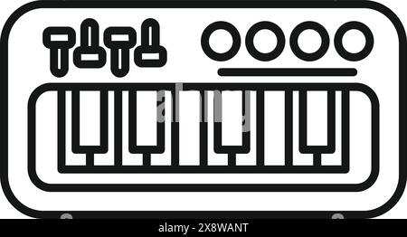 Disegno minimalista di una tastiera sintetizzatore con manopole di controllo e cursori Illustrazione Vettoriale